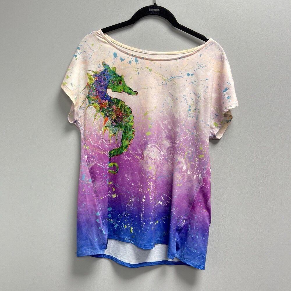 Leoma Lovegrove Shirt Womens Medium Pink Multicolor Seahorse Tee Sea Life Art